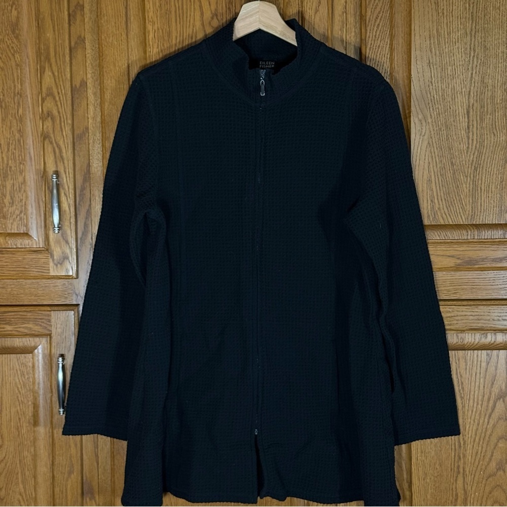 Eileen Fisher Waffle Knit Zip Sweater Black Womens XL Made in USA Minimalist